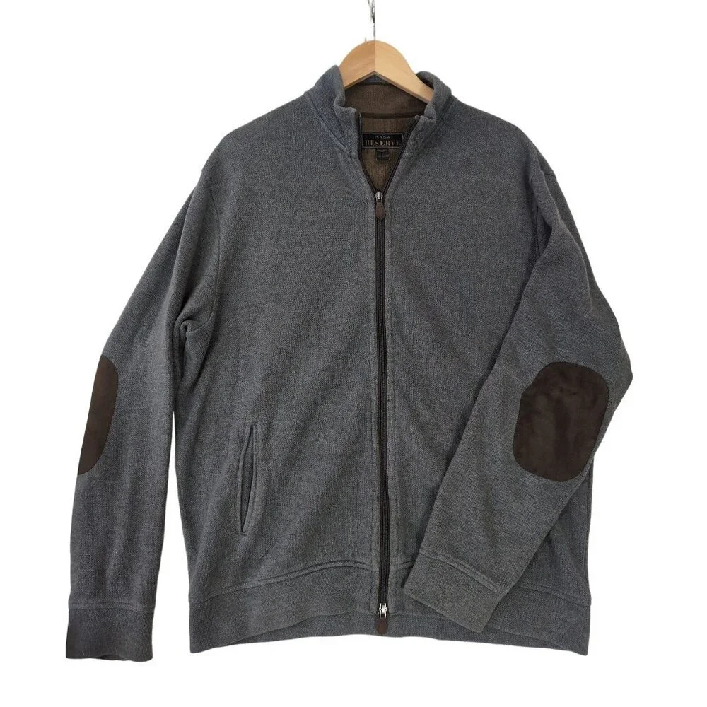 Jos A Bank Reserve Cardigan Sweater Mens L Gray Full Zip Elbow‎ Patch Dad